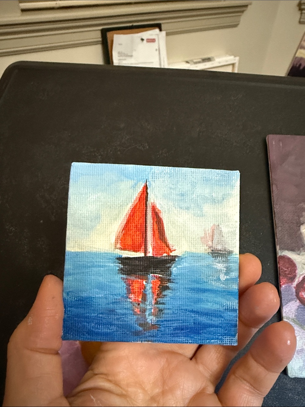 Small Red Sailboat Canvas Art - Nautical Seascape, magnet 3”x3”
